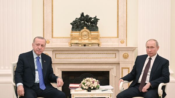 El presidente de Turquía, Recep Tayyip Erdogan, y el presidente ruso, Vladímir Putin. En la repisa de la chimenea, se puede ver una escultura dedicada a la hazaña de los soldados rusos que derrotaron a los turcos en Bulgaria en 1877-1878 - Sputnik Mundo