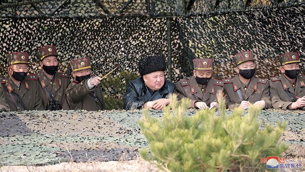 El líder de Corea del Norte, Kim Jong-un, observa los ejercicios militares - Sputnik Mundo