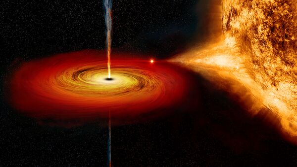 Ilustración de un agujero negro acumulando materia de una estrella compañera y produciendo chorros - Sputnik Mundo