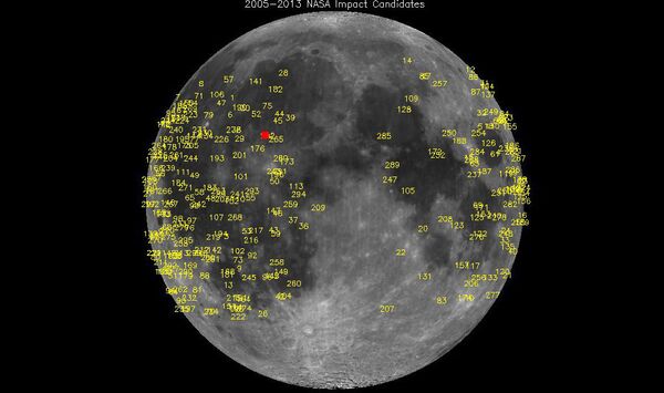 Lugares de caída de meteoritos en la Luna desde 2005, el cuadrado rojo señala el impacto del 17 de marzo - Sputnik Mundo